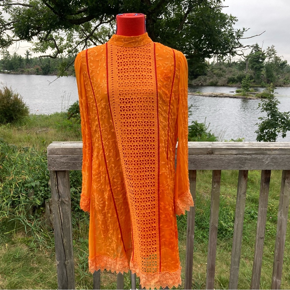 Vintage 60s 70s Bohemian Hippie Dress Orange Flared Sleeves Knit Sheer Size OSFM